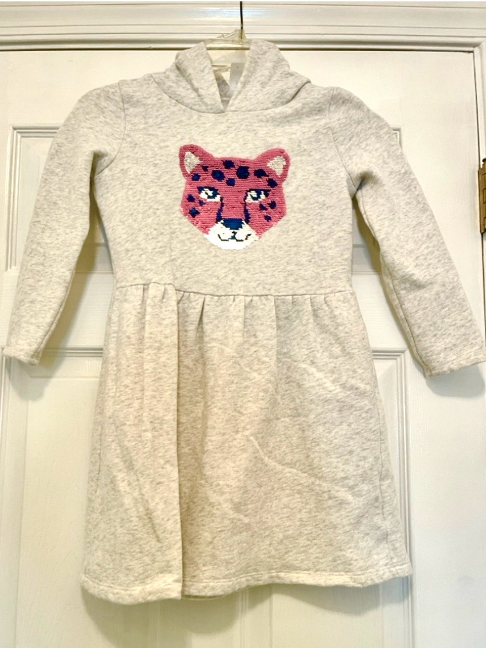 Carter's Heather Gray Hoodie Dress w/ reversible sequins Pink Leopard Patch sz 7
